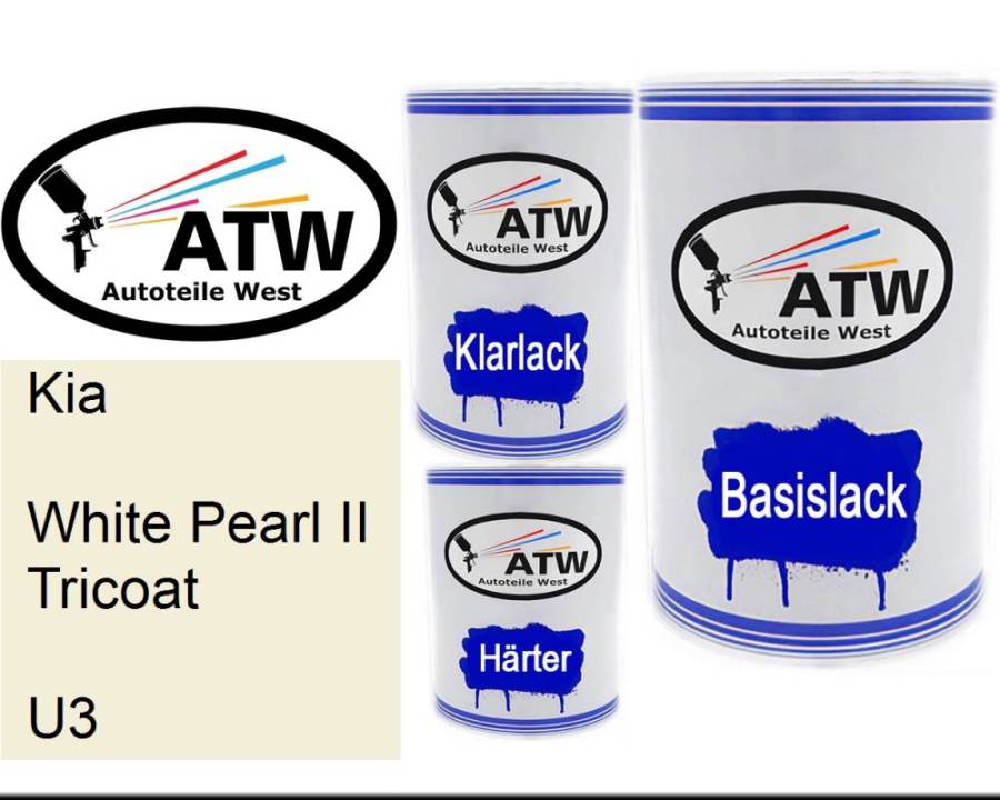 Kia, White Pearl II Tricoat, U3: 500ml Lackdose + 500ml Klarlack + 250ml Härter - Set, von ATW Autoteile West.